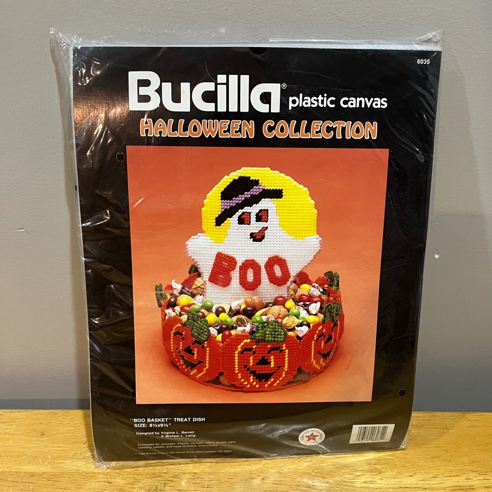 Vintage Bucilla 1990 Halloween Boo Basket Plastic‎ Canvas Kit 6035 Ghost Pumpkin